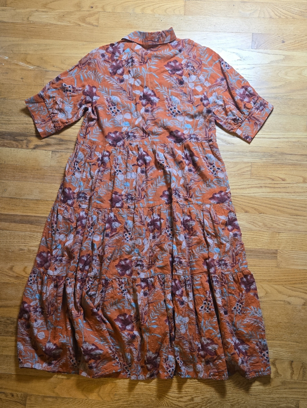 Natural Life Rebecca orange tropical button-front tiered midi shirt dress - Picture 3 of 5